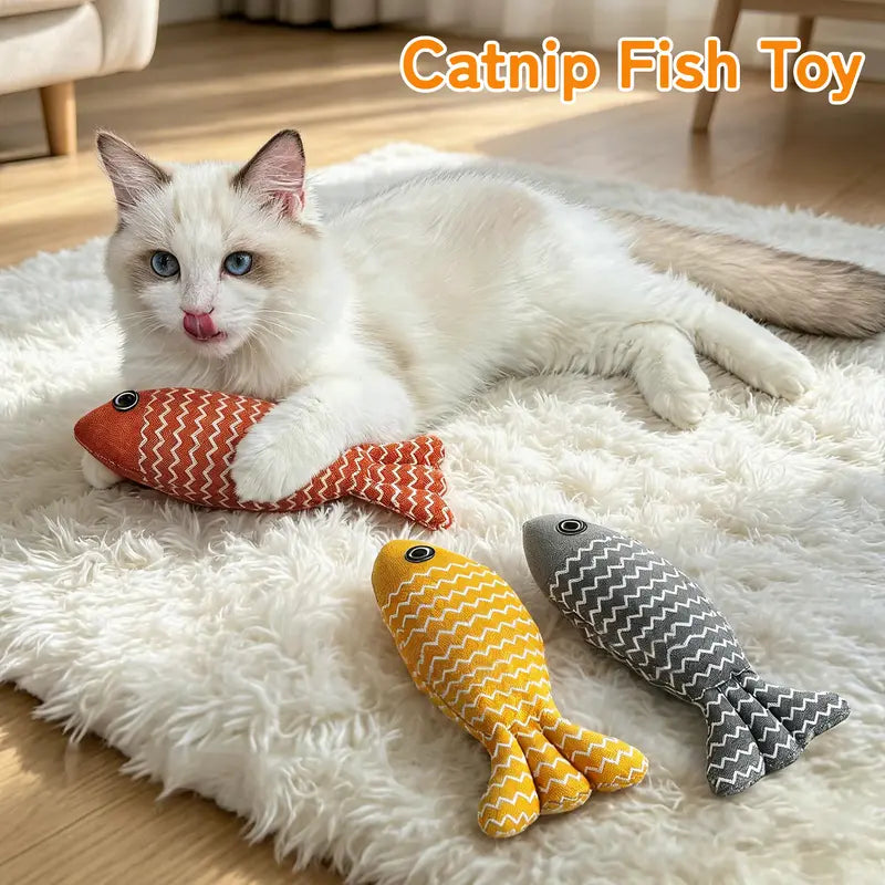 Catnip Fish Cat Kicker Toy - Soft Cotton-Linen Stuffed Toy with PP Cotton Filling, Wave Pattern, No Battery, Great for Indoor Cats' Kick & Bite Play, Stimulates Interactive Fun