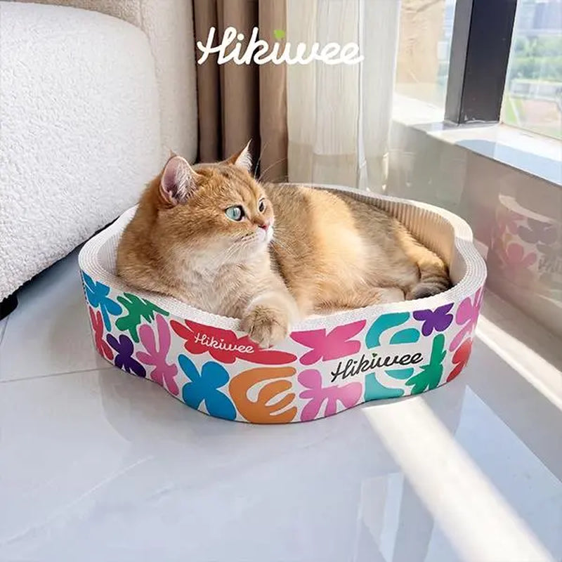 Hikiwee Premium White Kraft Corrugated Cat Scratcher Bed - Calming Sunken Flower Shape, Leopard Print/Art Deco/Mint Chocolate Animal Print, for Sensitive Cats, Heavy-Duty Scratch-Ready Less-Shedding Paperboard, Anti-Dust Base, Cozy Feel, Easy to Refresh