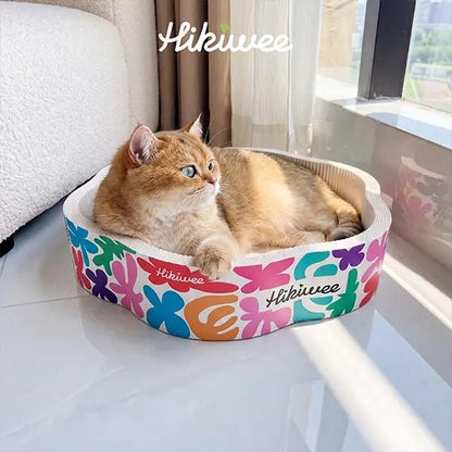 Hikiwee Premium White Kraft Corrugated Cat Scratcher Bed - Calming Sunken Flower Shape, Leopard Print/Art Deco/Mint Chocolate Animal Print, for Sensitive Cats, Heavy-Duty Scratch-Ready Less-Shedding Paperboard, Anti-Dust Base, Cozy Feel, Easy to Refresh