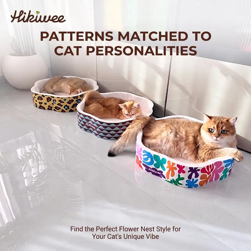 Hikiwee Premium White Kraft Corrugated Cat Scratcher Bed - Calming Sunken Flower Shape, Leopard Print/Art Deco/Mint Chocolate Animal Print, for Sensitive Cats, Heavy-Duty Scratch-Ready Less-Shedding Paperboard, Anti-Dust Base, Cozy Feel, Easy to Refresh