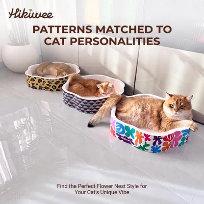 Hikiwee Premium White Kraft Corrugated Cat Scratcher Bed - Calming Sunken Flower Shape, Leopard Print/Art Deco/Mint Chocolate Animal Print, for Sensitive Cats, Heavy-Duty Scratch-Ready Less-Shedding Paperboard, Anti-Dust Base, Cozy Feel, Easy to Refresh