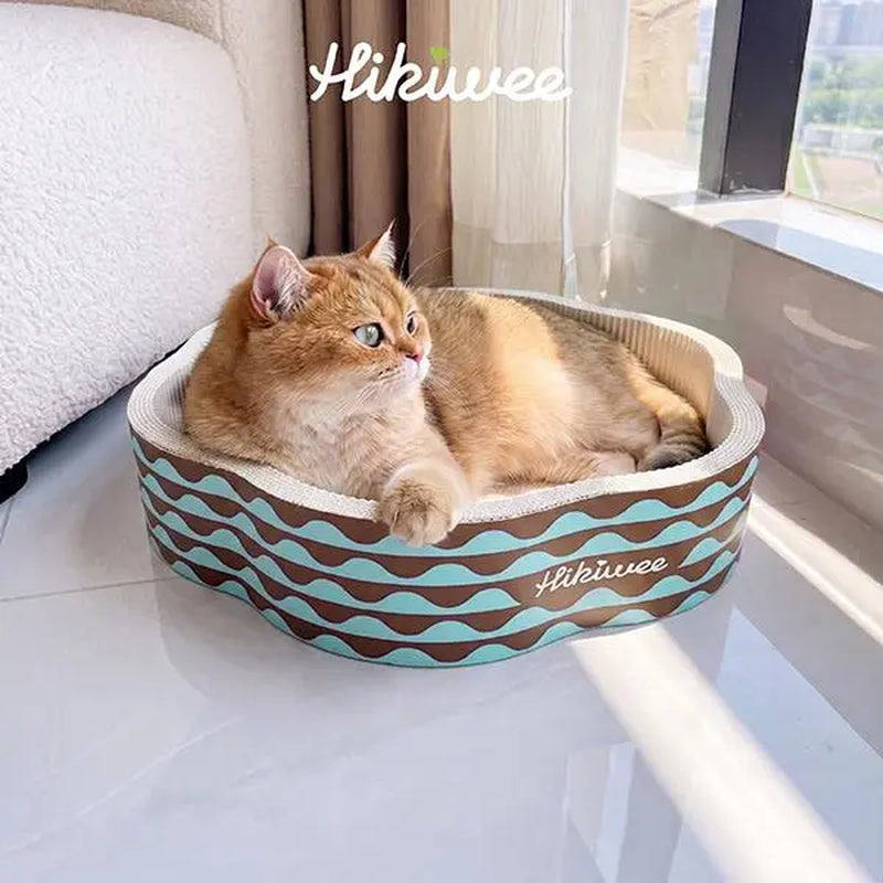 Hikiwee Premium White Kraft Corrugated Cat Scratcher Bed - Calming Sunken Flower Shape, Leopard Print/Art Deco/Mint Chocolate Animal Print, for Sensitive Cats, Heavy-Duty Scratch-Ready Less-Shedding Paperboard, Anti-Dust Base, Cozy Feel, Easy to Refresh