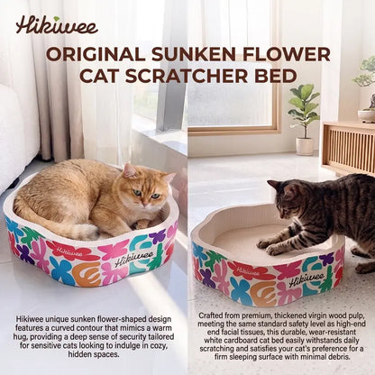 Hikiwee Premium White Kraft Corrugated Cat Scratcher Bed - Calming Sunken Flower Shape, Leopard Print/Art Deco/Mint Chocolate Animal Print, for Sensitive Cats, Heavy-Duty Scratch-Ready Less-Shedding Paperboard, Anti-Dust Base, Cozy Feel, Easy to Refresh