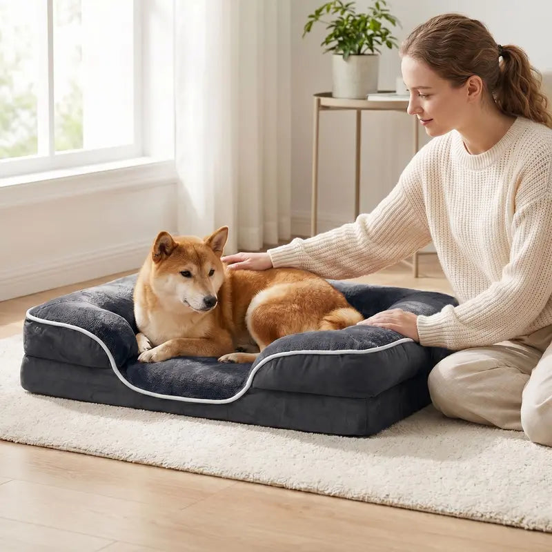 Sweetcrispy Large Dog Orthopedic Memory Foam Sofa Bed - 3-Sided Bolsters, 20.0In L X 24.0In W X 8.0In Th, Waterproof Fleece Detachable Cover, Non-Slip Base, Joint Relief, Alleviate Pressure Points, Extra Neck & Head Support, 24-48Hr Recovery Time