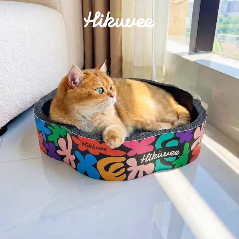 Hikiwee Premium White Kraft Corrugated Cat Scratcher Bed - Calming Sunken Flower Shape, Leopard Print/Art Deco/Mint Chocolate Animal Print, for Sensitive Cats, Heavy-Duty Scratch-Ready Less-Shedding Paperboard, Anti-Dust Base, Cozy Feel, Easy to Refresh