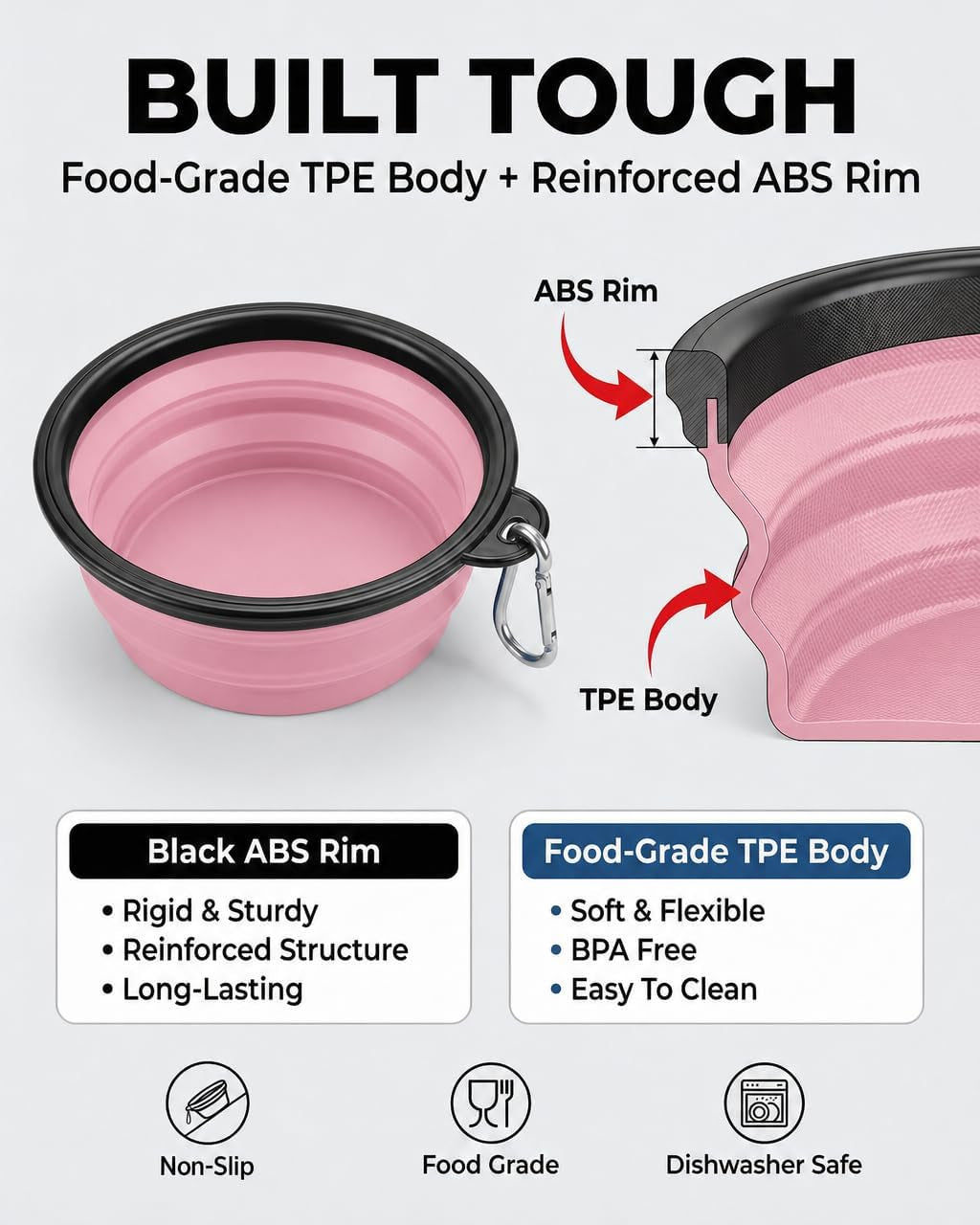 Collapsible Dog Bowls for Travel, 2-Pack Dog Portable Water Bowl for Dogs Cats Pet Foldable Feeding Watering Dish for Traveling Camping with Carabiners, BPA Free (Grey&Pink, Medium (Pack of 2))