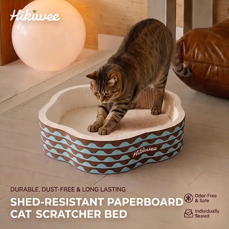 Hikiwee Premium White Kraft Corrugated Cat Scratcher Bed - Calming Sunken Flower Shape, Leopard Print/Art Deco/Mint Chocolate Animal Print, for Sensitive Cats, Heavy-Duty Scratch-Ready Less-Shedding Paperboard, Anti-Dust Base, Cozy Feel, Easy to Refresh