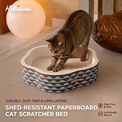 Hikiwee Premium White Kraft Corrugated Cat Scratcher Bed - Calming Sunken Flower Shape, Leopard Print/Art Deco/Mint Chocolate Animal Print, for Sensitive Cats, Heavy-Duty Scratch-Ready Less-Shedding Paperboard, Anti-Dust Base, Cozy Feel, Easy to Refresh