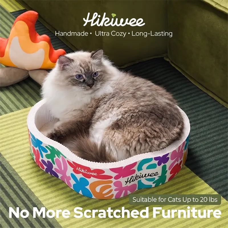 Hikiwee Premium White Kraft Corrugated Cat Scratcher Bed - Calming Sunken Flower Shape, Leopard Print/Art Deco/Mint Chocolate Animal Print, for Sensitive Cats, Heavy-Duty Scratch-Ready Less-Shedding Paperboard, Anti-Dust Base, Cozy Feel, Easy to Refresh