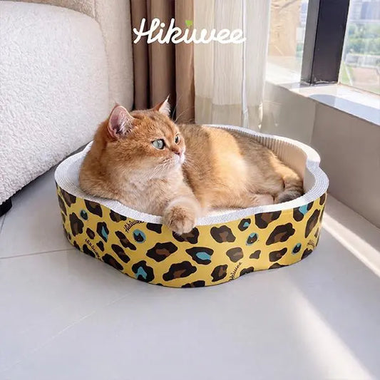Hikiwee Premium White Kraft Corrugated Cat Scratcher Bed - Calming Sunken Flower Shape, Leopard Print/Art Deco/Mint Chocolate Animal Print, for Sensitive Cats, Heavy-Duty Scratch-Ready Less-Shedding Paperboard, Anti-Dust Base, Cozy Feel, Easy to Refresh