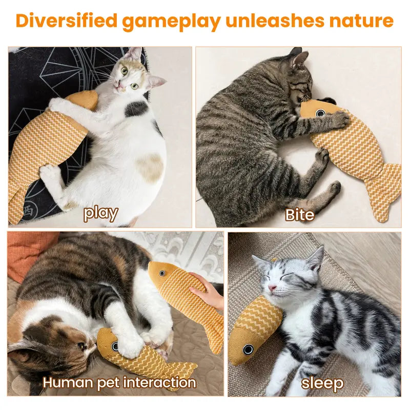 Catnip Fish Cat Kicker Toy - Soft Cotton-Linen Stuffed Toy with PP Cotton Filling, Wave Pattern, No Battery, Great for Indoor Cats' Kick & Bite Play, Stimulates Interactive Fun